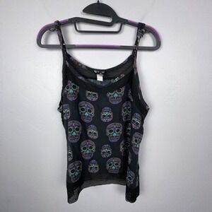Hot Topic Cami Women XL Black Sugar Skull Mesh Trim Rayon Tank Top Goth Punk‎